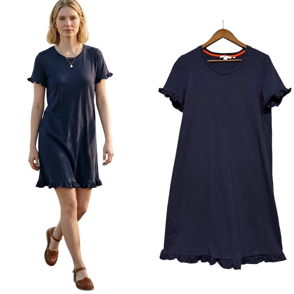 Boden T-Shirt Dress Womens US 12R Navy Blue Ruffle Trim Short Sleeve Slub Cotton